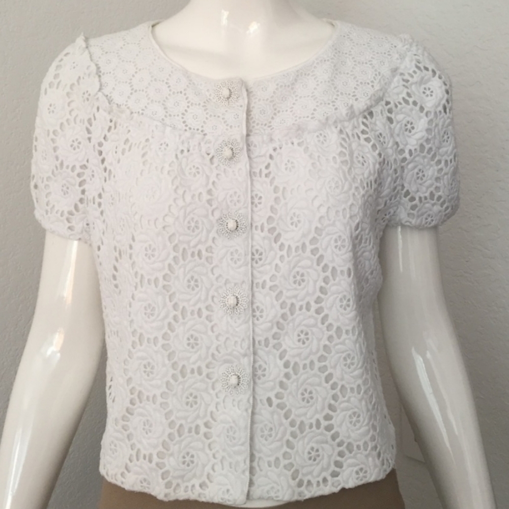 Elie Tahari Light Vintage White Cotton Lace Shrunken Blazer Style Size Medium